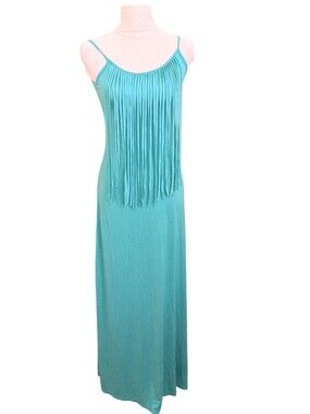 Fringe Maxi Slip Dress Western Boho Festival Indie Fitted Stretchy Teal Size Med